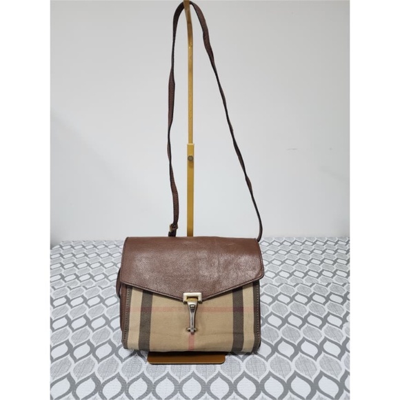Authentic BURBERRYDerby Calfskin House Check Small Macken Crossbody Bag Beige/Br - Picture 1 of 16